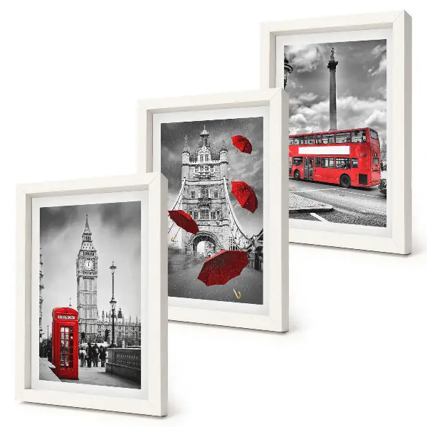 3-piece wall art set london views featuring a red umbrella and bus