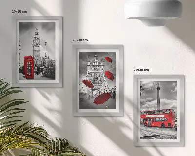 3-piece wall art set london views featuring a red umbrella and bus