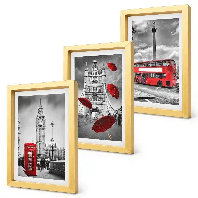 3-piece wall art set London views with a red umbrella and a bus