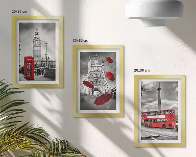 3-piece wall art set london views featuring a red umbrella and bus