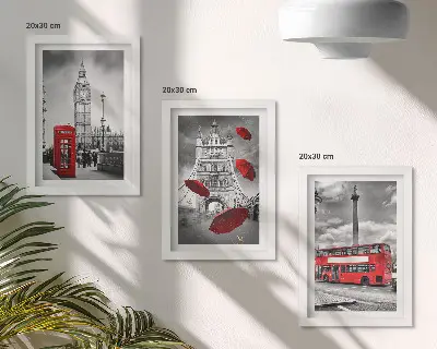 3-piece wall art set london views featuring a red umbrella and bus