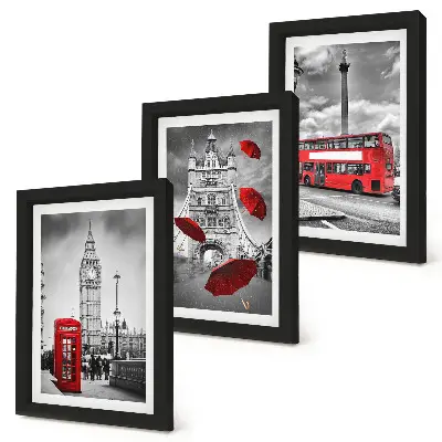 3-piece wall art set london views featuring a red umbrella and bus