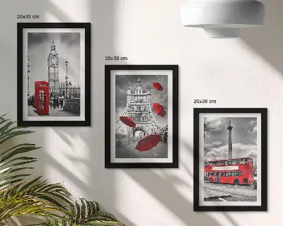 3-piece wall art set london views featuring a red umbrella and bus