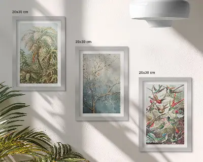 Photo frame wall gallery set with tropical plants and colorful birds in nature art