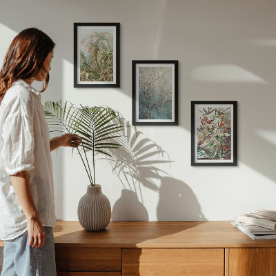 Photo frame wall Tropical plants and colorful birds in nature