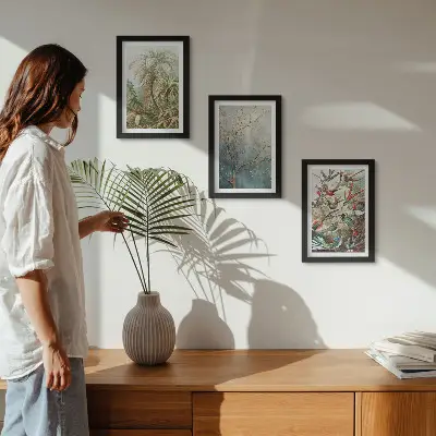 Photo frame wall gallery set with tropical plants and colorful birds in nature art