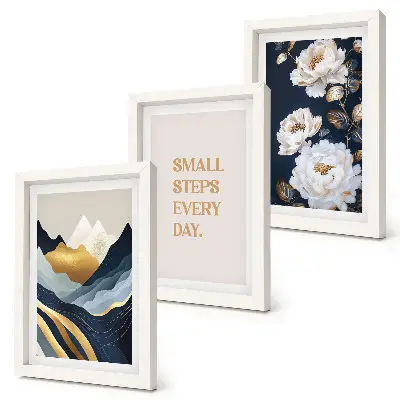 Photo frame wall with abstract mountains, flowers, and inspiring lettering