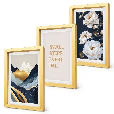 Photo frame wall with abstract mountains, flowers, and inspiring lettering