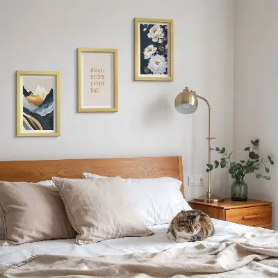 Photo frame wall with abstract mountains, flowers, and inspiring lettering