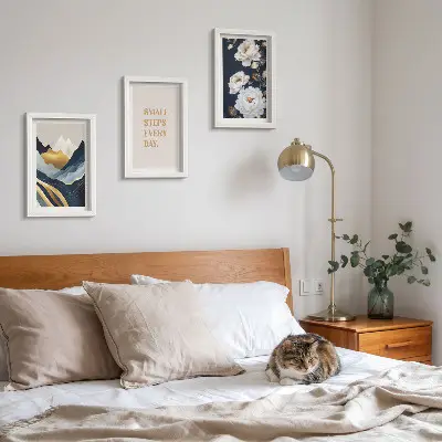 Photo frame wall with abstract mountains, flowers, and inspiring lettering