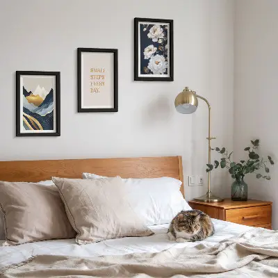 Photo frame wall with abstract mountains, flowers, and inspiring lettering