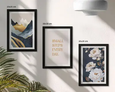 Photo frame wall with abstract mountains, flowers, and inspiring lettering