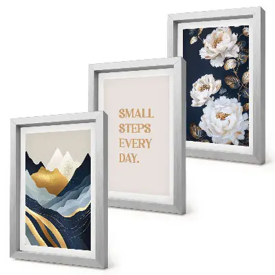 Photo frame wall with abstract mountains, flowers, and inspiring lettering