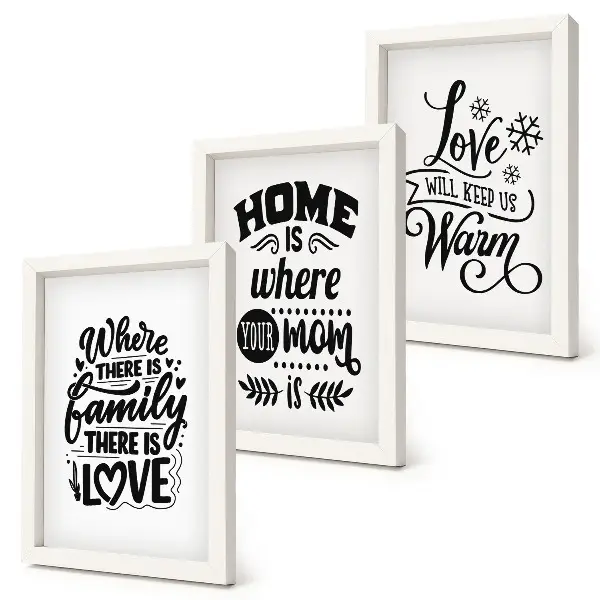Framed triptych featuring family love home and warmth slogans