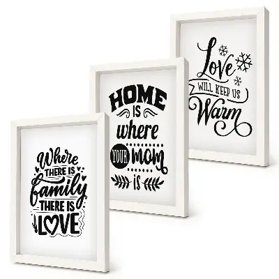 Framed triptych featuring family love home and warmth slogans
