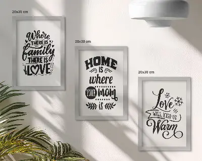 Framed triptych featuring family love home and warmth slogans