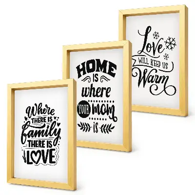 Framed triptych featuring family love home and warmth slogans