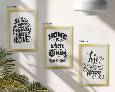 Framed triptych featuring family love home and warmth slogans