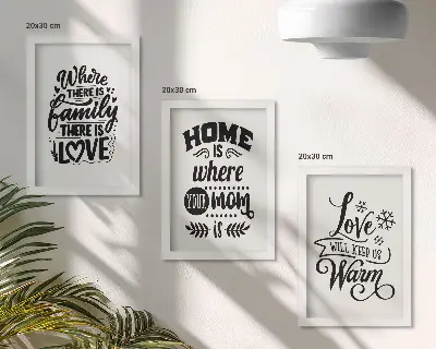 Framed triptych featuring family love home and warmth slogans