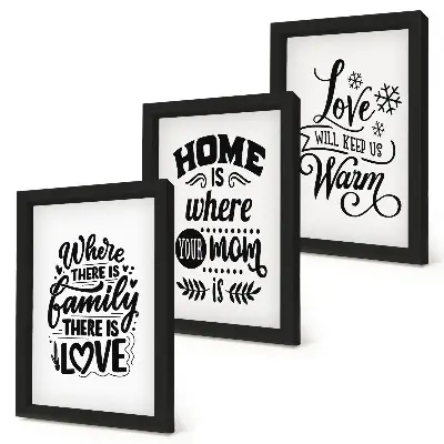 Framed triptych featuring family love home and warmth slogans