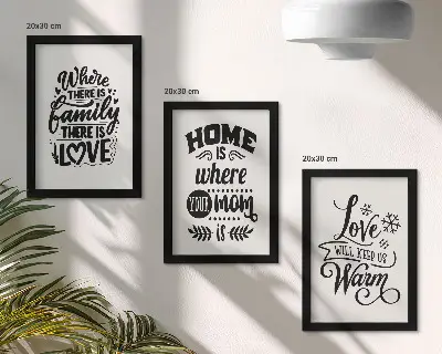 Framed triptych featuring family love home and warmth slogans