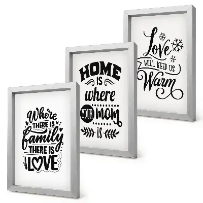 Framed triptych featuring family love home and warmth slogans