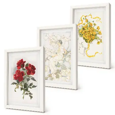 Photo frame wall with red roses, white figure, and yellow flowers in a vase