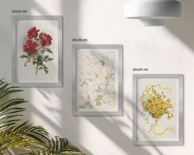 Photo frame wall with red roses, white figure, and yellow flowers in a vase