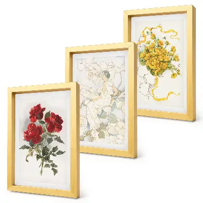 Photo frame wall with red roses, white figure, and yellow flowers in a vase
