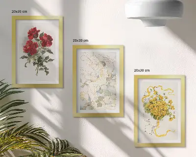 Photo frame wall with red roses, white figure, and yellow flowers in a vase