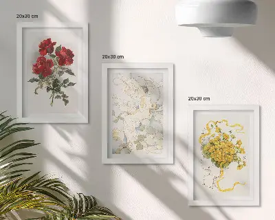 Photo frame wall with red roses, white figure, and yellow flowers in a vase
