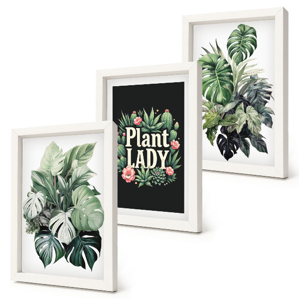 Framed triptych Tropical plants with the Plant Lady inscription in green