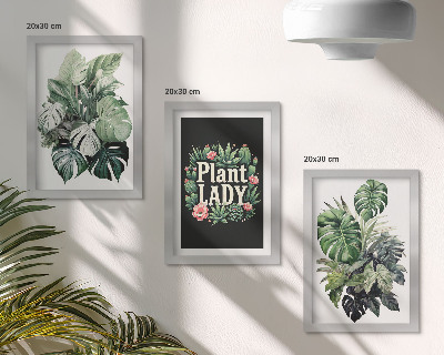 Framed triptych Tropical plants with the Plant Lady inscription in green