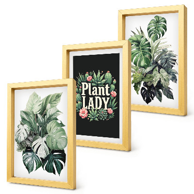 Framed triptych Tropical plants with the Plant Lady inscription in green