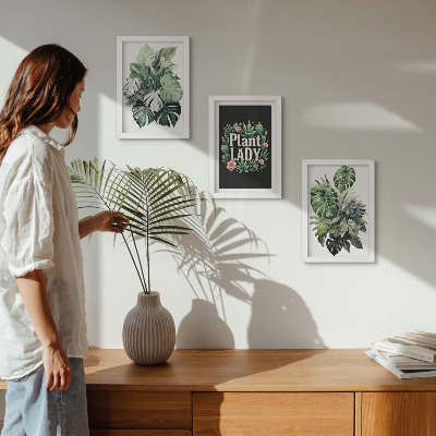Framed triptych Tropical plants with the Plant Lady inscription in green