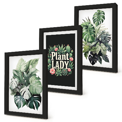 Framed triptych Tropical plants with the Plant Lady inscription in green