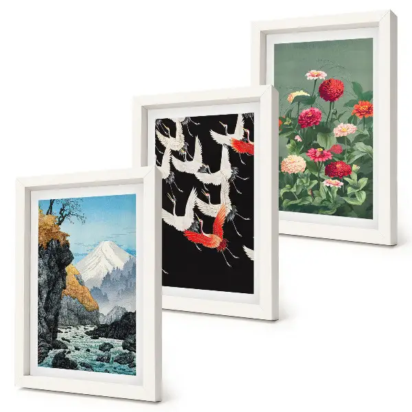 Photo frame wall featuring mountains with a waterfall, birds in flight, and colorful flowers