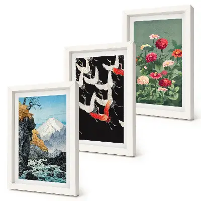 Photo frame wall featuring mountains with a waterfall, birds in flight, and colorful flowers
