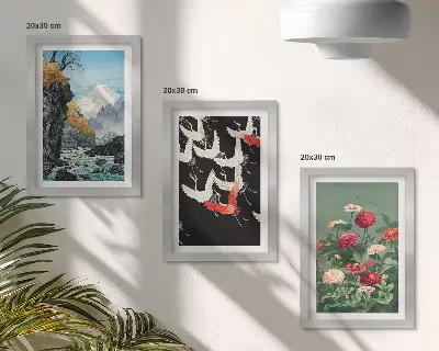 Photo frame wall featuring mountains with a waterfall, birds in flight, and colorful flowers