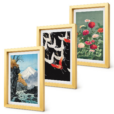 Photo frame wall Mountains with a waterfall, birds in flight and colorful flowers