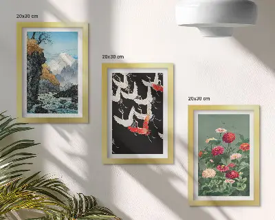 Photo frame wall featuring mountains with a waterfall, birds in flight, and colorful flowers