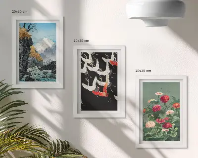 Photo frame wall featuring mountains with a waterfall, birds in flight, and colorful flowers