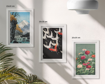 Photo frame wall Mountains with a waterfall, birds in flight and colorful flowers