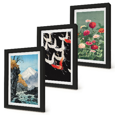 Photo frame wall Mountains with a waterfall, birds in flight and colorful flowers