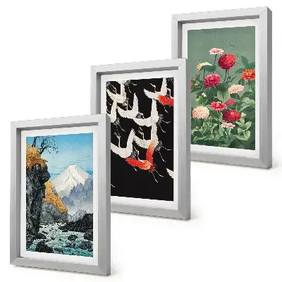 Photo frame wall featuring mountains with a waterfall, birds in flight, and colorful flowers