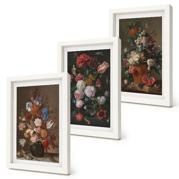 Framed triptych flowers in vases with various vintage plant compositions