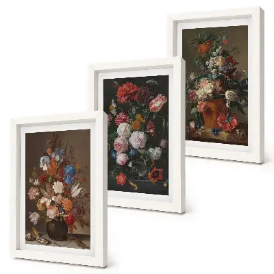 Framed triptych flowers in vases with various vintage plant compositions