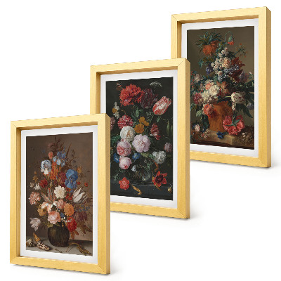 Framed triptych Flowers in vases, various vintage plant compositions