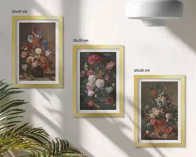 Framed triptych flowers in vases with various vintage plant compositions