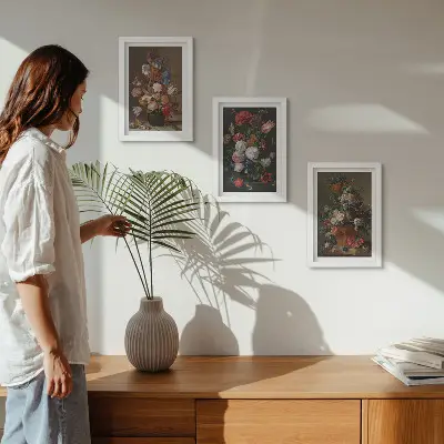 Framed triptych flowers in vases with various vintage plant compositions